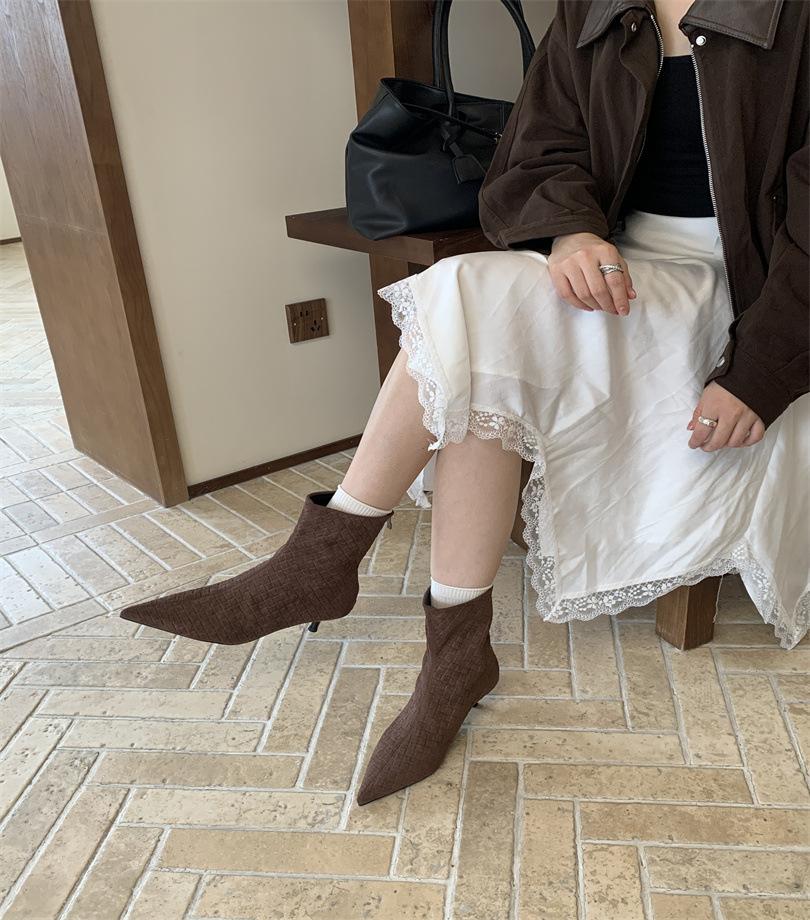 British style woven pointed toe thin heel fashion boots bare boots 2025 autumn and winter new thin versatile short boots women's and ankle boots