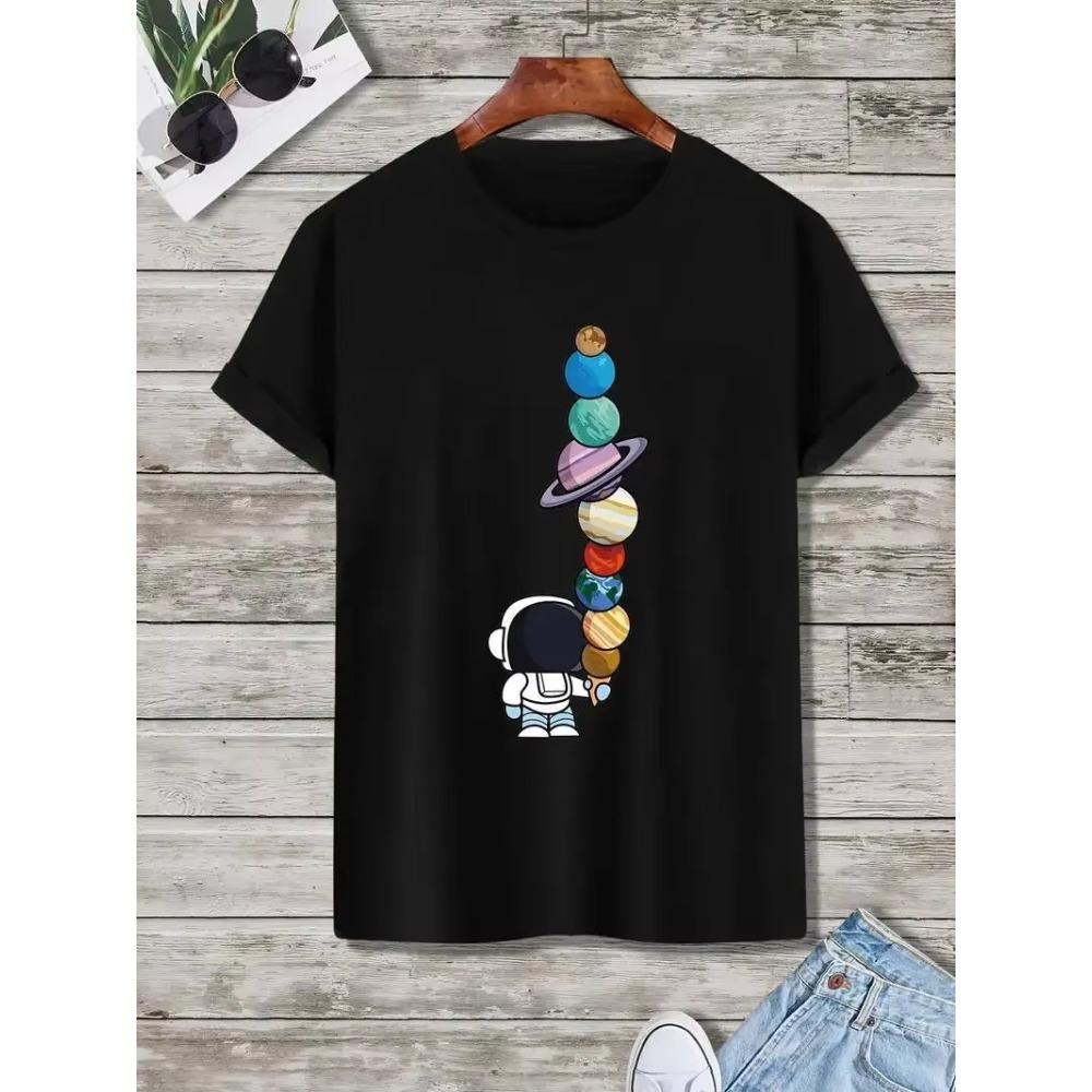 New Men's Cartoon Astronaut and Planet Print T-Shirt Best Selling Cotton Short Sleeve Top Bag Shipping