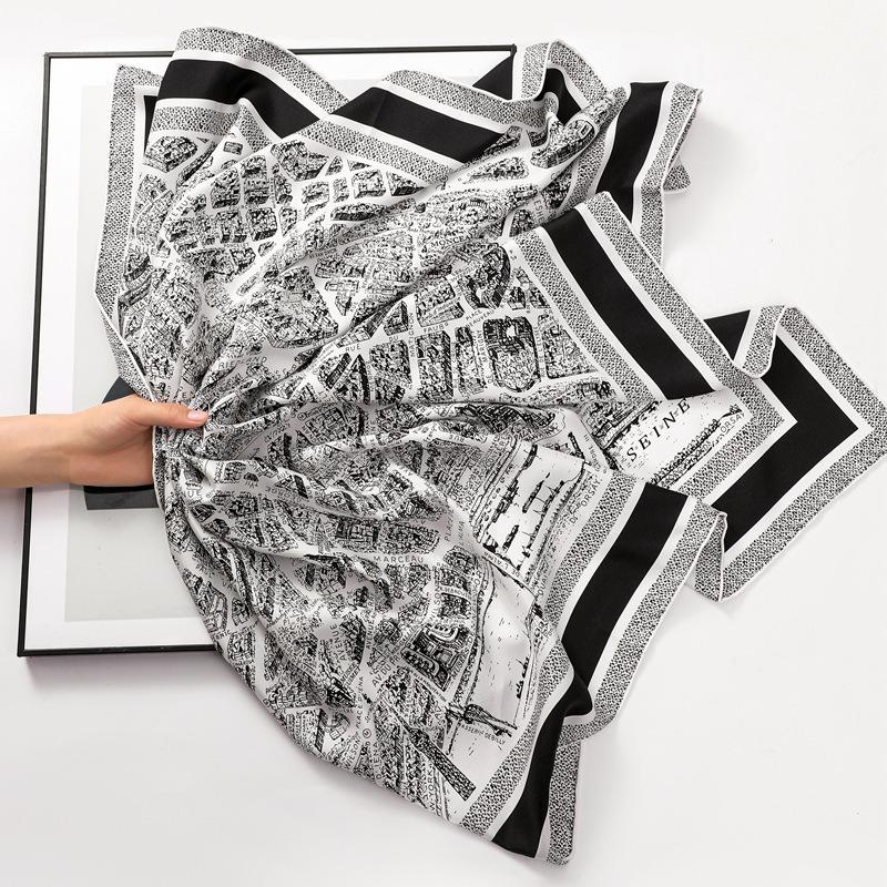Black and White Map 18 Silk Square Scarf Women's Double-sided Heterochrome Fashion Handmade Curled Twill Scarf