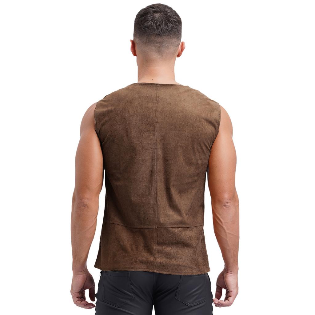 Mens Pirate Cowboy Vest Lace Up Front Solid Color Waistcoat Medieval Cosplay Halloween Costume