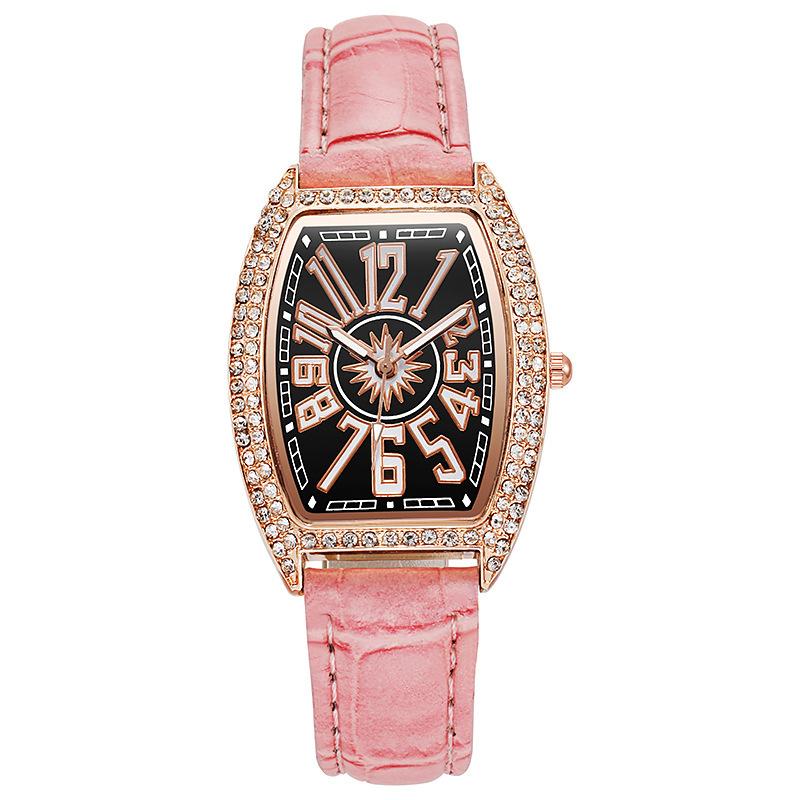 Ladies Leather Belt Rhinestone Watch Barrel-shaped Roman Numeral Wristwatch