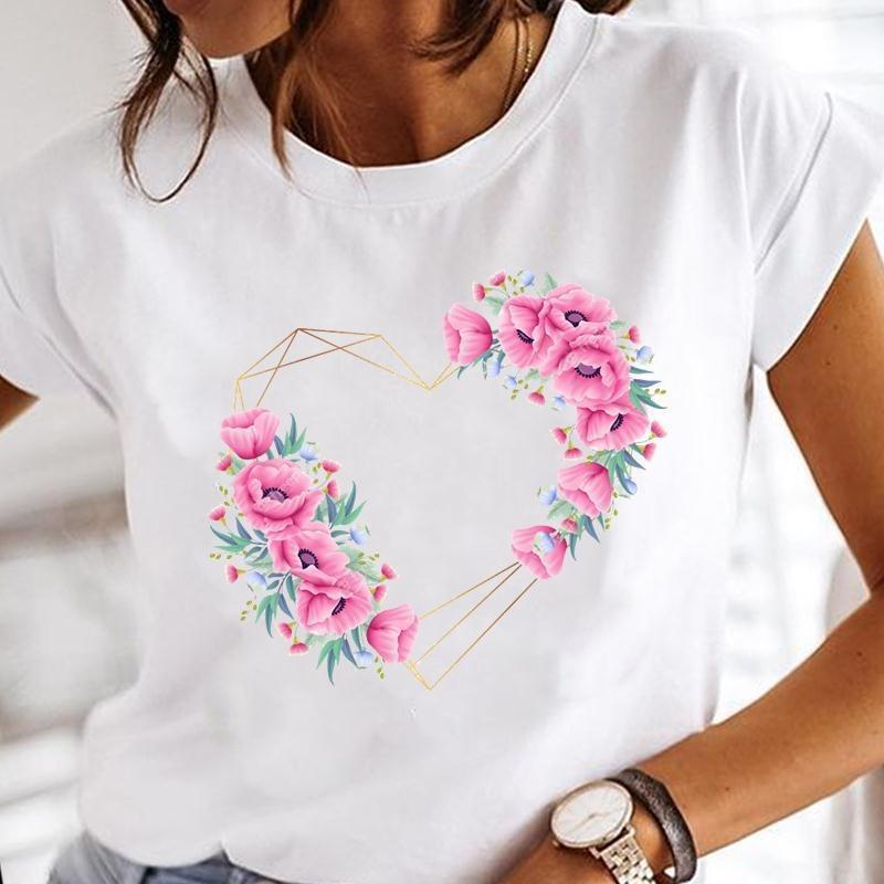 Womens White Short Sleeved Tshirt Love Printed Casual Simple Fashion Tshirt with Arrow Feather Design Fashion Trend Top