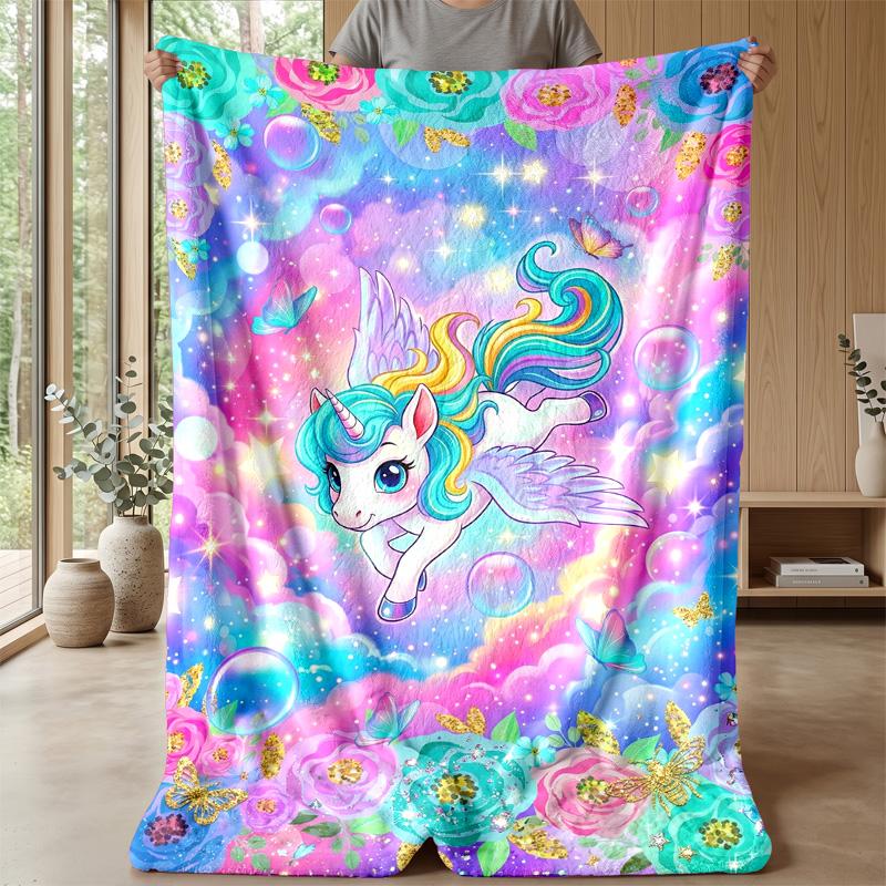 Fantasy Unicorn with Flowers Theme Blanket Lightweight Warm Flannel Blanket Decorative Throw Blanket for Home Decoration