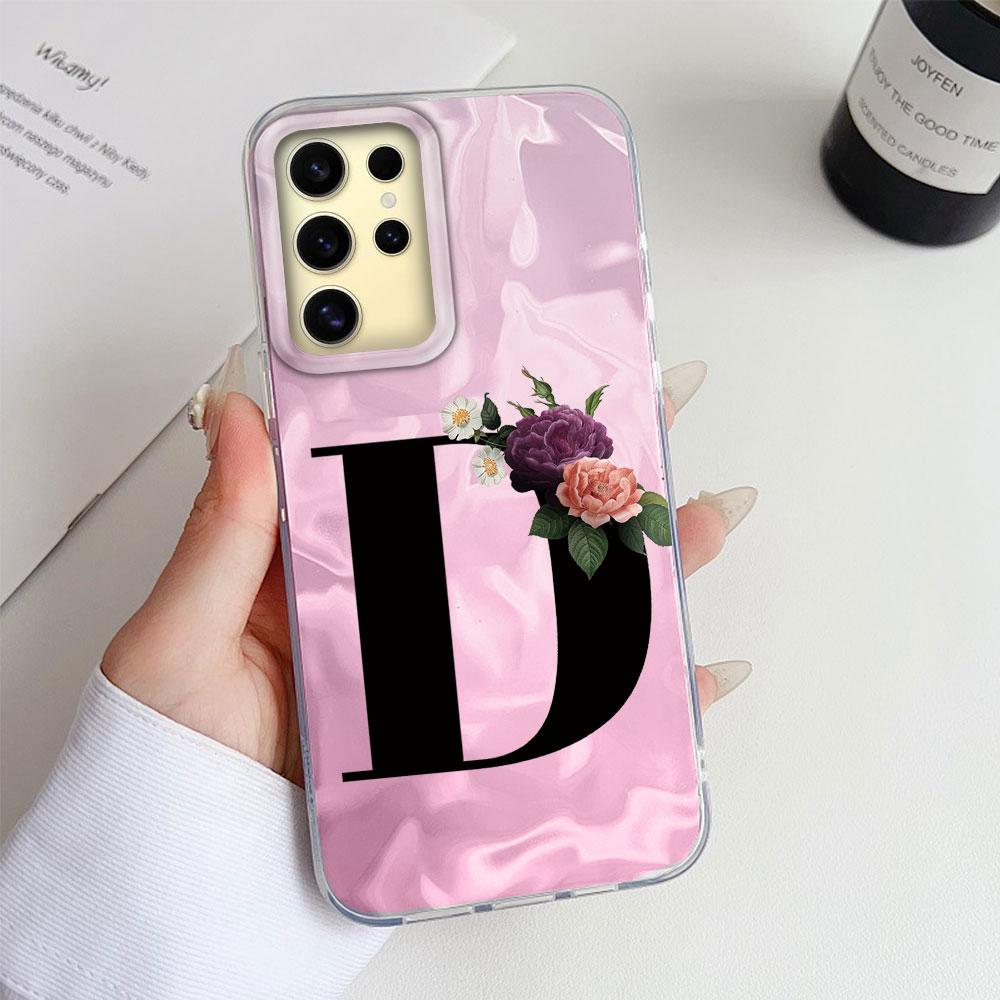 A-Z Black Letter Peony Flower  Shockproof Phone Case For Samsung Galaxy S25 Edge S24 FE Plus Ultra Couple Silicone Fundas Cover