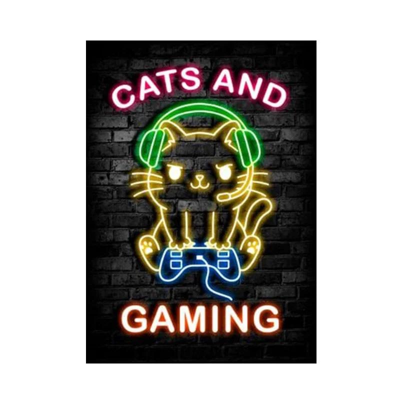 Nordic Cats And Gaming Neon Art Posters and Prints Canvas Painting Wall Pictures for Boys Game Room Wall Decor Home Decor