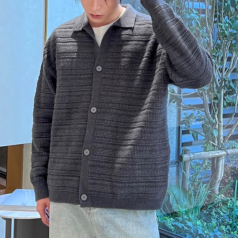 Lightly Mature Korean Style Black Turn-down Collar Knitted Cardigan Coat Men's Autumn Wear High-Grade Casual Sweater