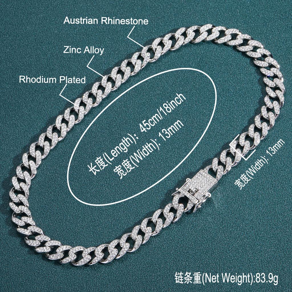 European Hiphop Gold Cuban Chain Necklace 13mm Iced Out Miami Crystal Cuban Link Chain Necklace Set for Men Jewelry