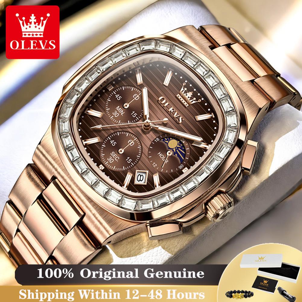 OLEVS 44MM Mens Watch Original Luxury Trendy Square Quartz Watch Moon Phase Waterproof Luminous Watches For Man Box Gift 3739