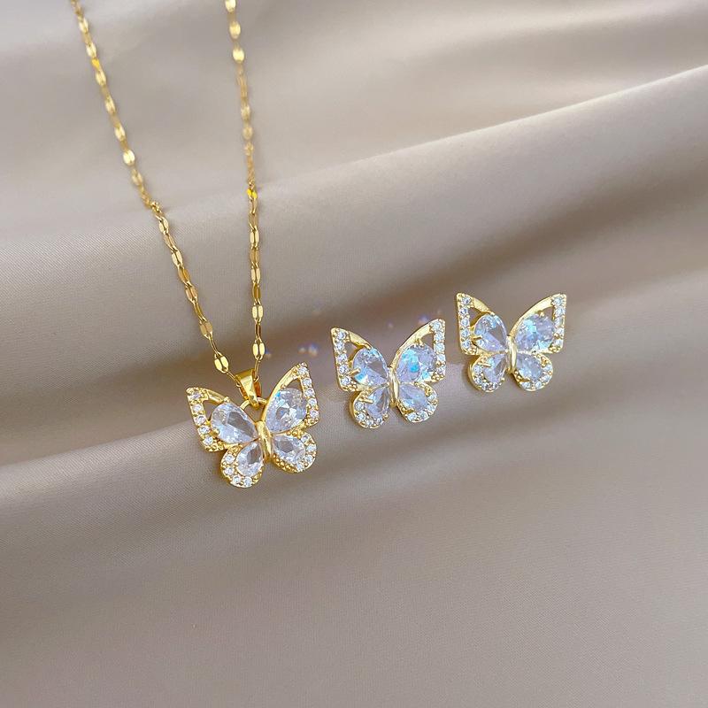 Exquisite Zircon Butterfly Earrings Necklace Jewelry Set Women's Stainless Steel Butterfly Flower Clavicle Necklace Jewelry