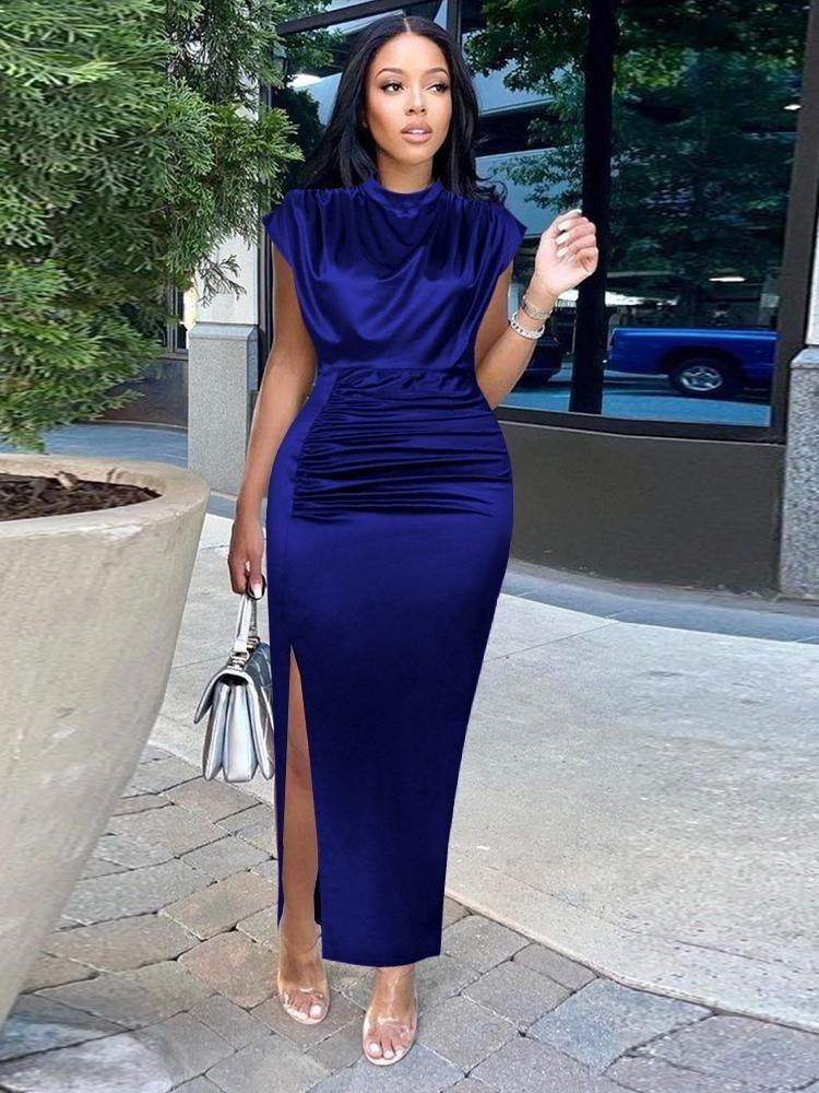 

Elegant Slim Fit Evening Party Maxi Gown Long Pleated Shiny Plus Size Dress Wine Red High Collar Sleeveless Outfits with Slit S синий