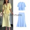 Summer New Women Clothes Minimalist Style V-neck Puff Sleeve Lace-up Top + Mid-Waist Fishtail Sheath Skirt Set