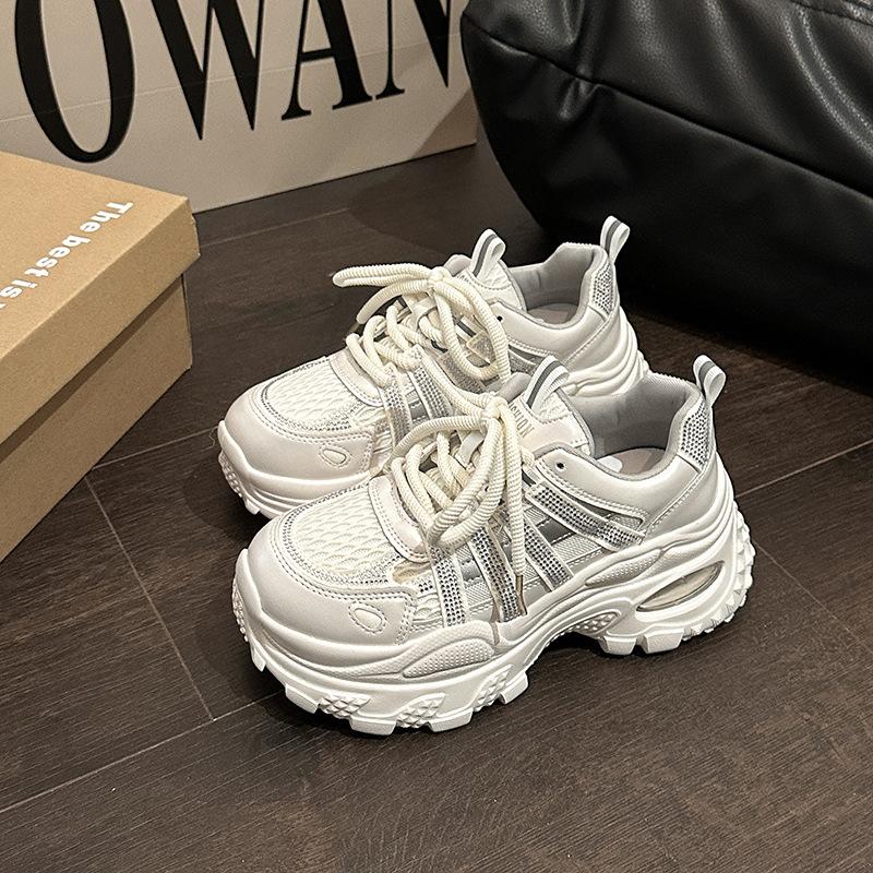 Fashion and comfortable versatile muffin shoes women's casual thick-soled heightening dad shoes summer new rhinestone mesh sneakers
