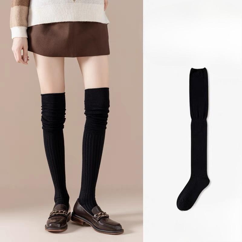 Herbst- und Wintercremefarbene Damen-Overknee-Socken, Patchwork-Stricksocken, Frotteesocken