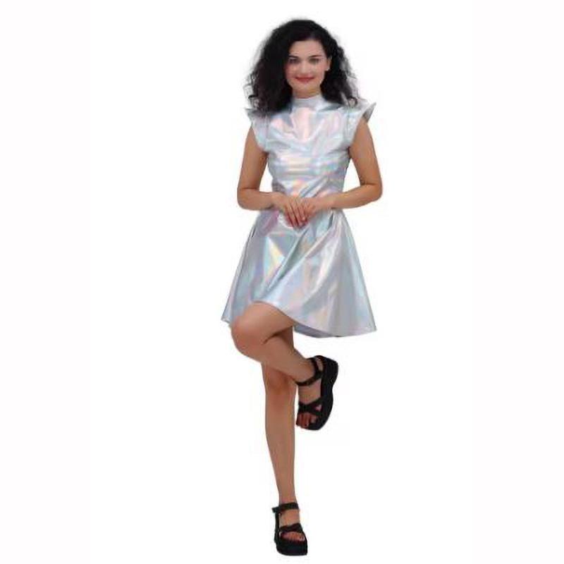 

Women Shiny Dress Metallic Costume Sleeveless Futuristic Sleeveless Space Skater Disco Holographic Party Dress XS