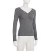 Women's European & American Style Grey Twist Slim-fit Pleated V-neck Long Sleeve Top