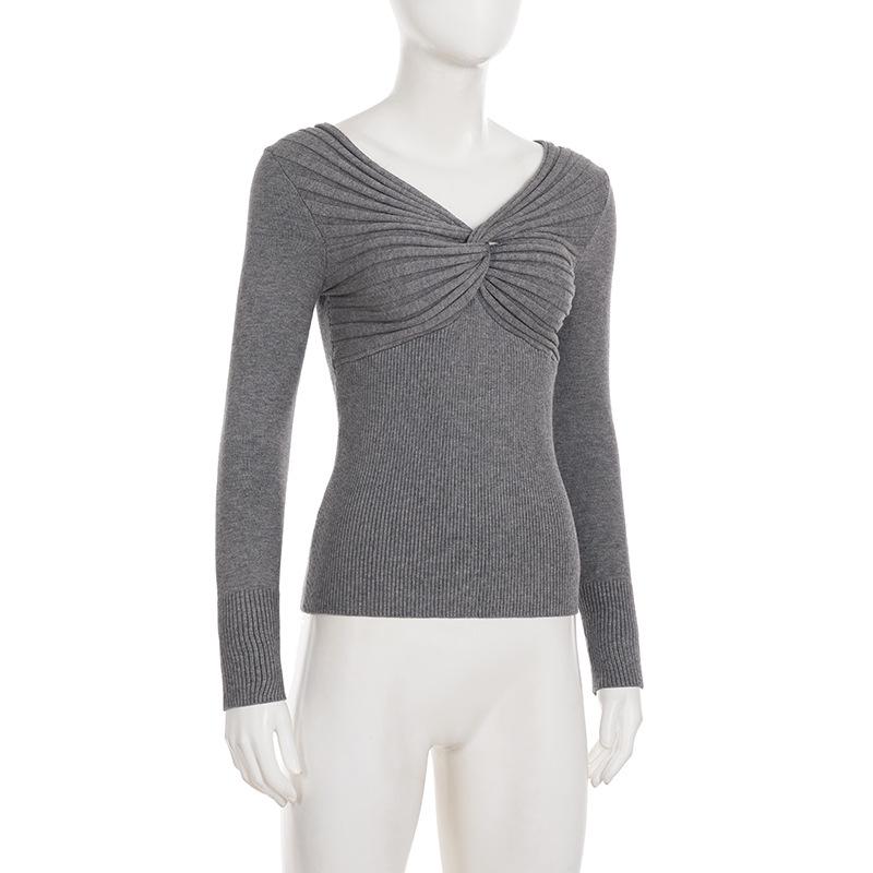 Women's European & American Style Grey Twist Slim-fit Pleated V-neck Long Sleeve Top