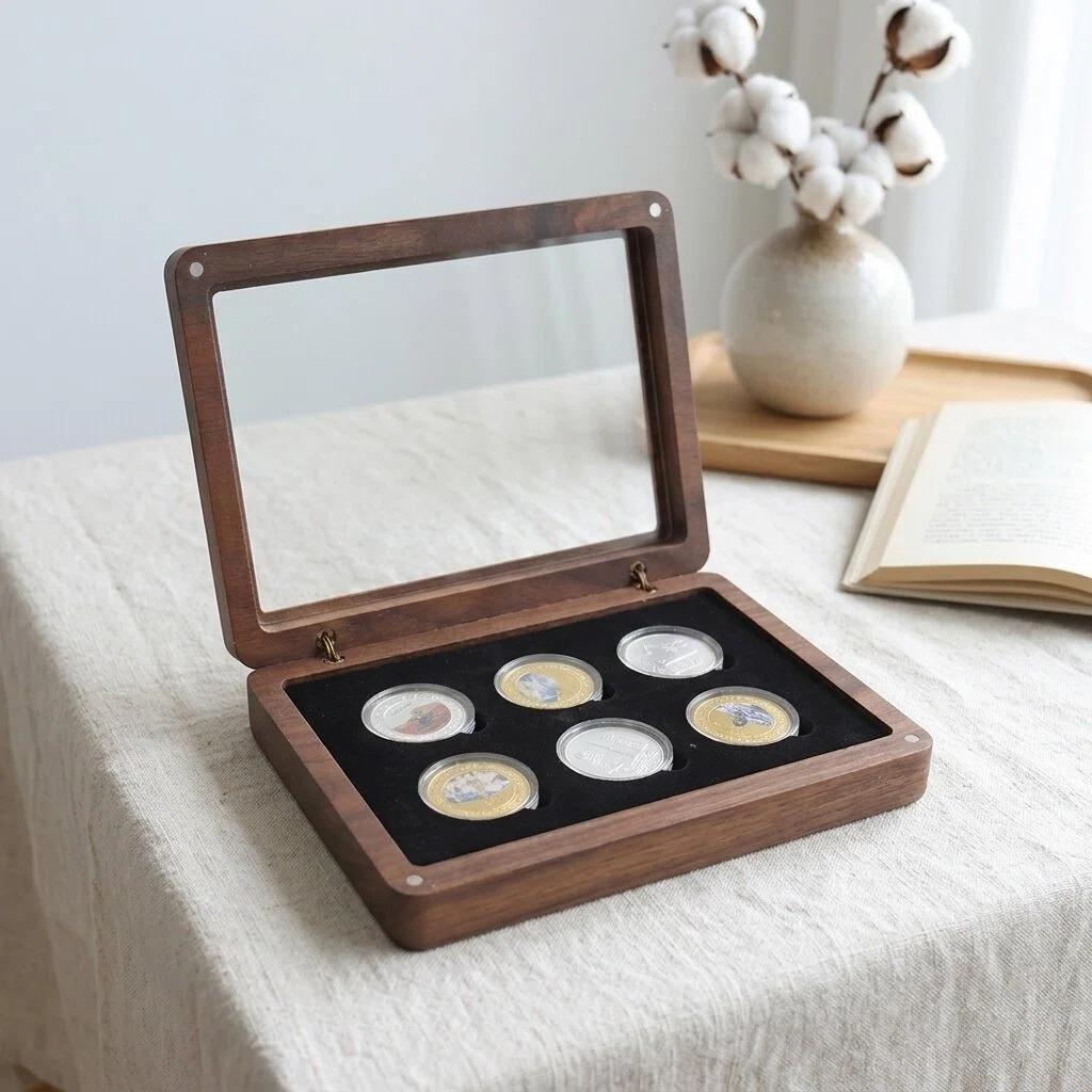 Handmade Dustproof Walnut Wood Coin Storage Boxes Vintage Medal Display Box Velvet Lined Coin Case Collectors