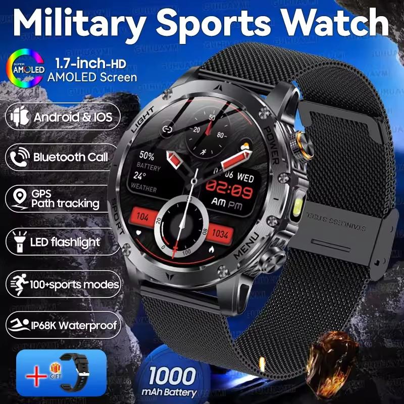 AK87 Men 1000mAh Battery Smart Watch 1.7-inch Large Screen GPS Track Heart Rate 3ATM Waterproof Wireless Call Sports Smartwatch