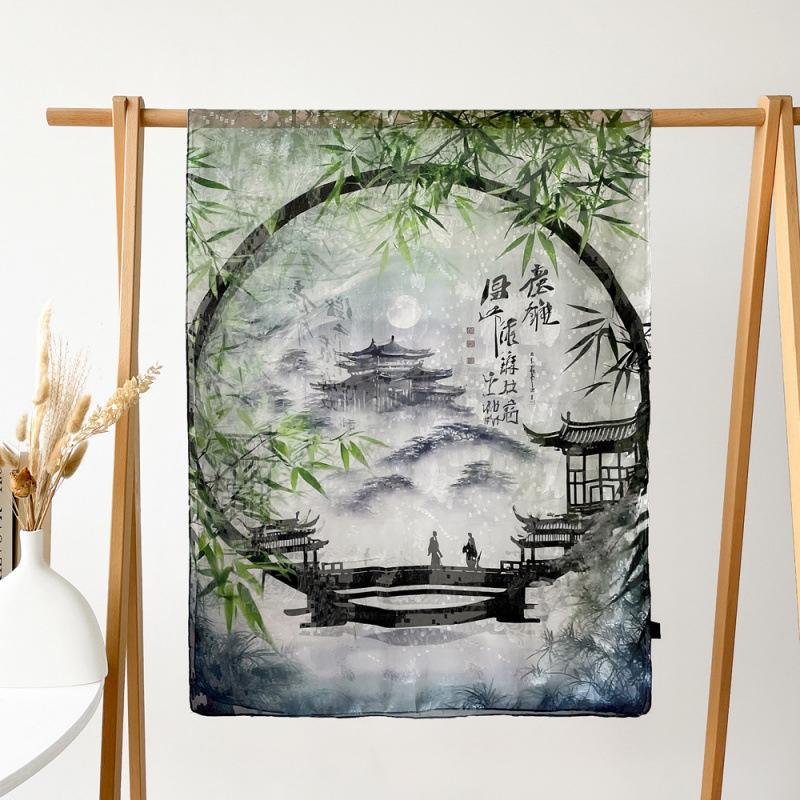 

Длинный шелковый шарф в китайском стиле для женщин, новый стиль, длинный дорожный шарф, атласный ажурный шарф с принтом, шаль, солнцезащитный шарф 180*70cm