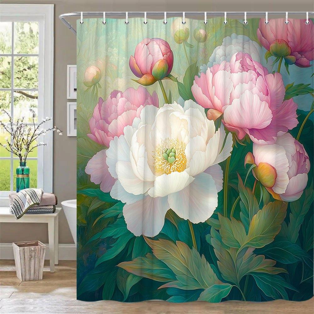 1Pc Romantic Peonies Bath Curtain - Lush Garden Design With Pink & White Blooms, Green Foliage On Dreamy Blue-Green Background,
