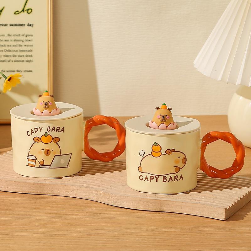 Baifenbai Home Furnishing Kapibara Cup Ceramic Mug With Lid Household Breakfast Cup High Value Water Cup Opening Event Souvenir