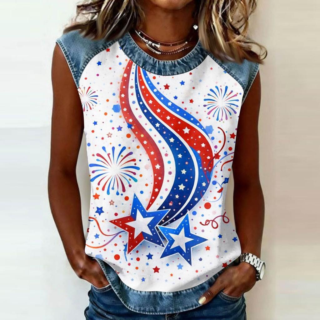 Sleeveless Crew Neck Casual Top with Denim Trim and Star Firework Floral Print for Women Summer Wear