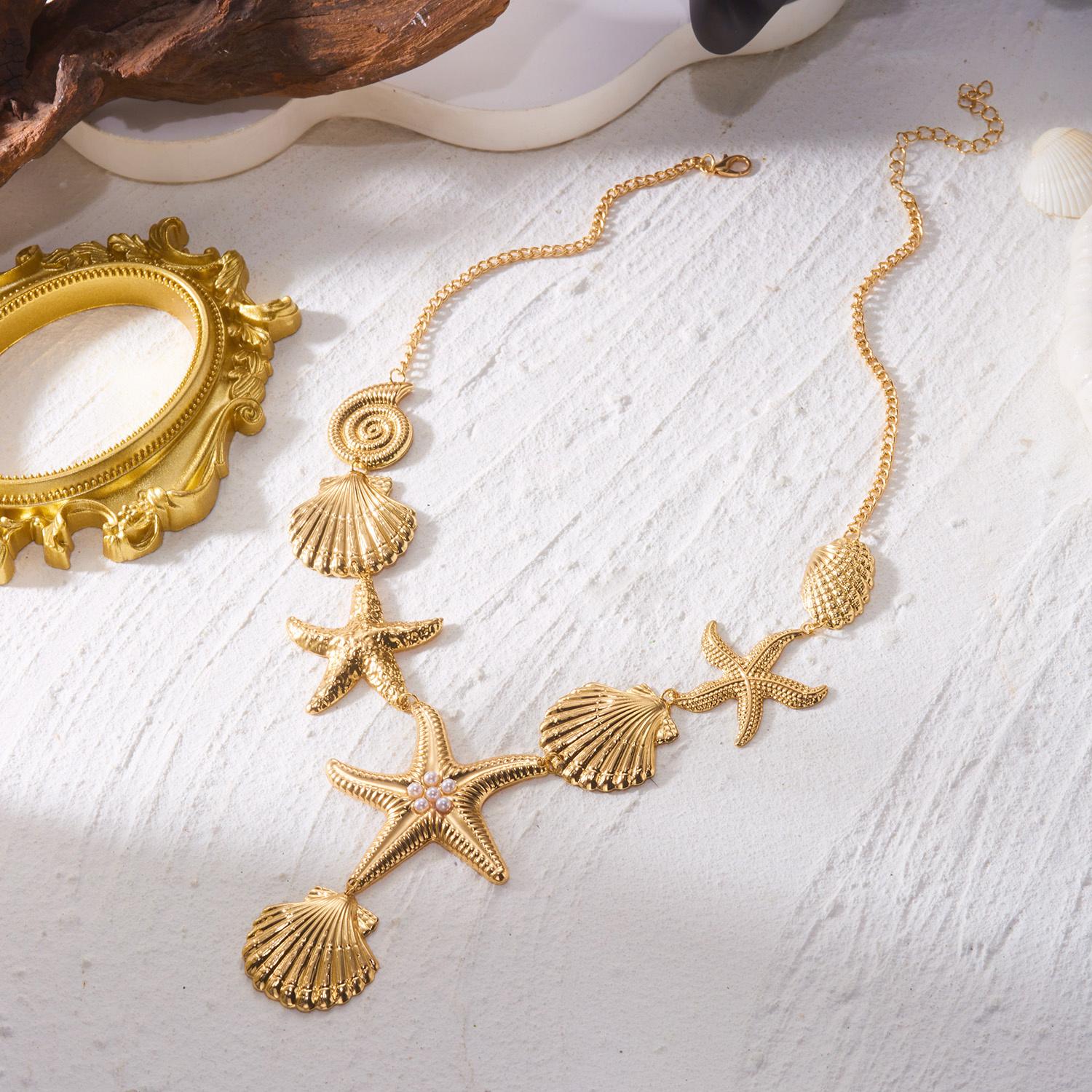 

Vintage Shell Starfish Clavicle Necklace for Women Bohemian Conch Sea Stare Charm Choker Chain Holiday Party Jewelry Gift