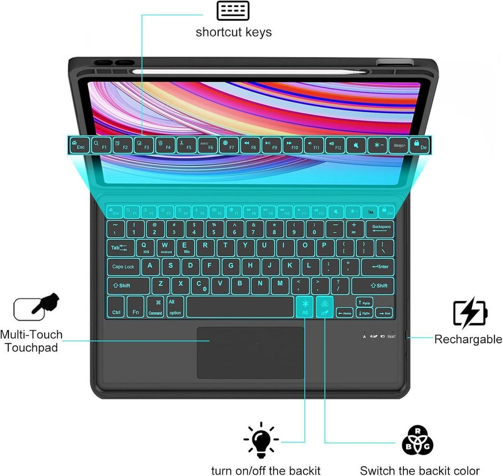 Redmi Pad Pro 12.1 Case: Backlit Bluetooth Keyboard with Pen Slot for Xiaomi PocoPad
