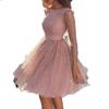 2026 Womens Shimmer Long Sleeve A-Line Dress High Waist Evening Gown Formal Party Slim Fit V-Neck Sequin Detail