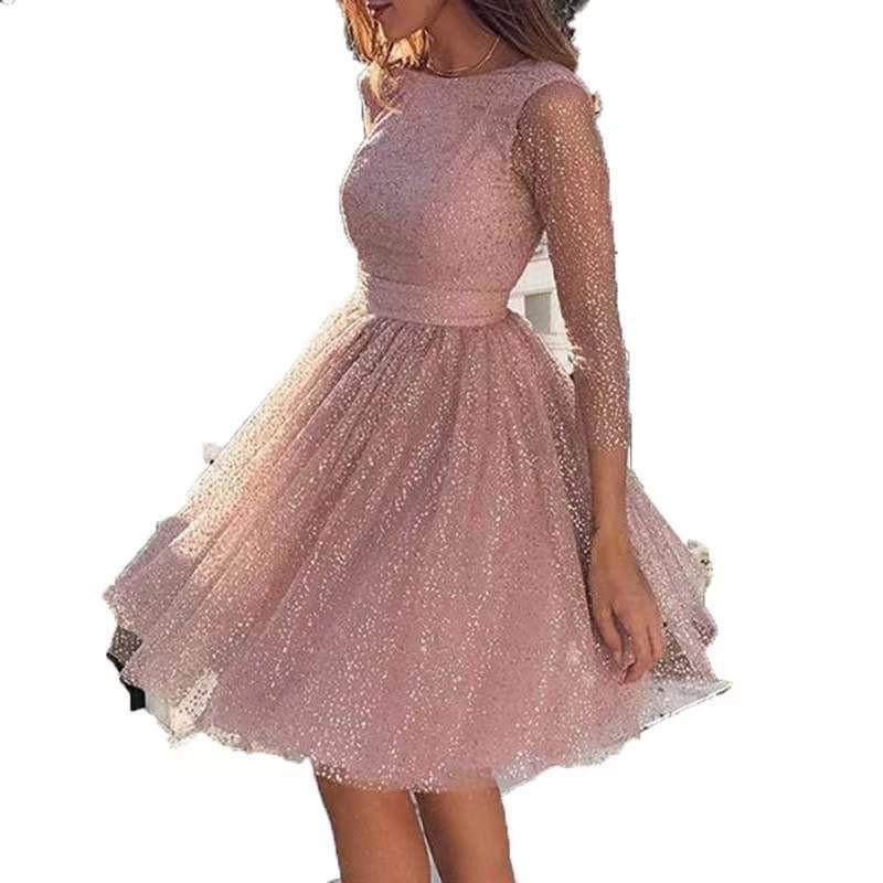 2026 Womens Shimmer Long Sleeve A-Line Dress High Waist Evening Gown Formal Party Slim Fit V-Neck Sequin Detail