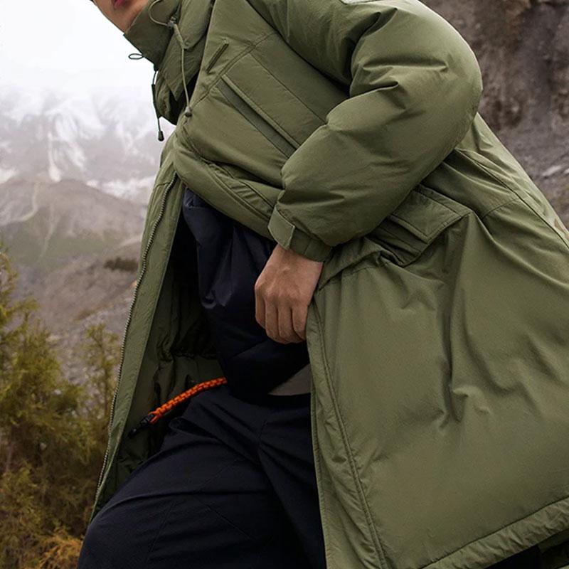 Li Ning CF Adventure Series Casual Solid Color Hooded Water-Resistant Loose Long Down Jacket Unisex Outerwear Muddy-Olive-Green AYMT279-2