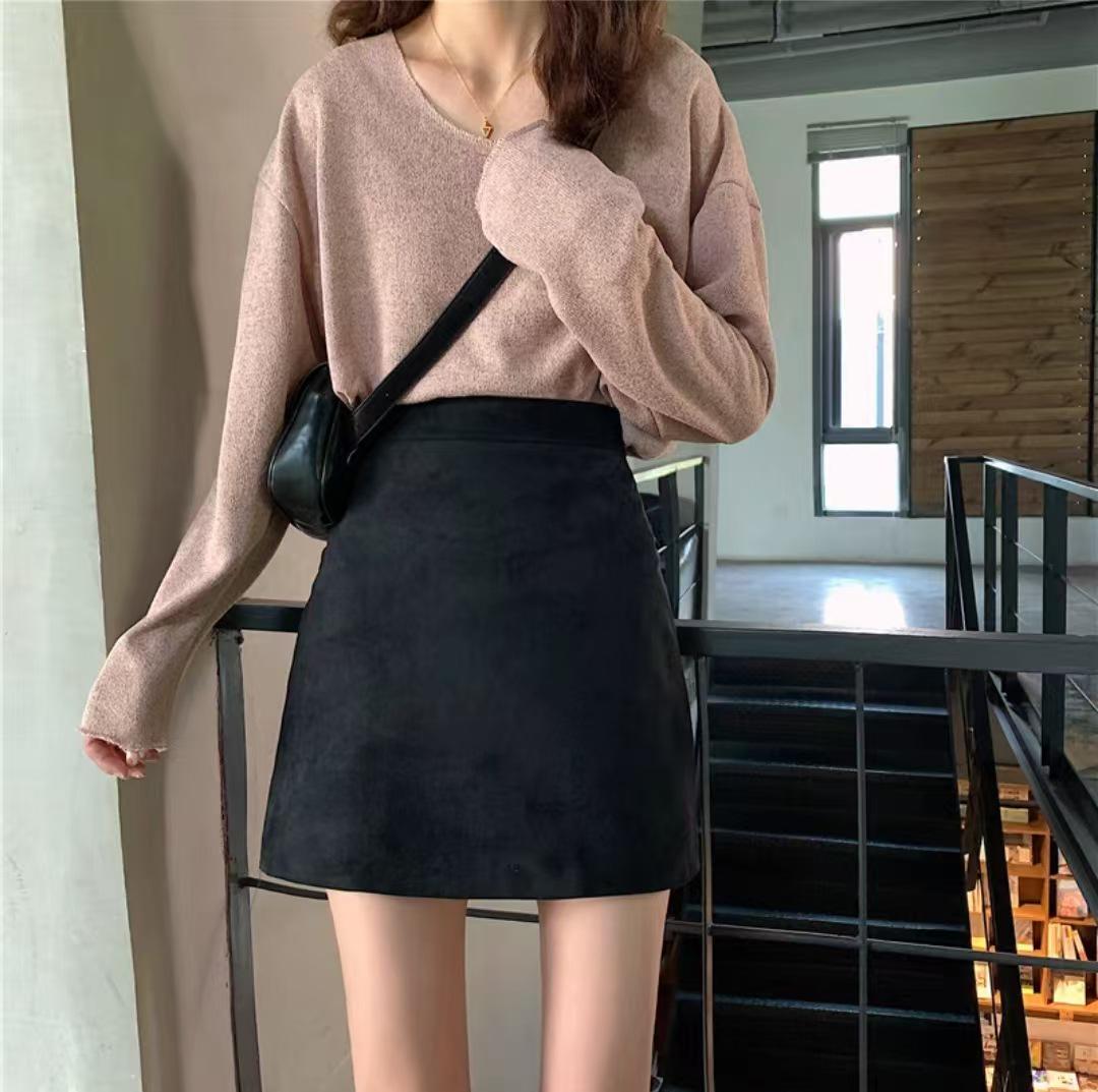

2025 Women s Black Deerskin High Waist A-line Midi Skirt XS чорний