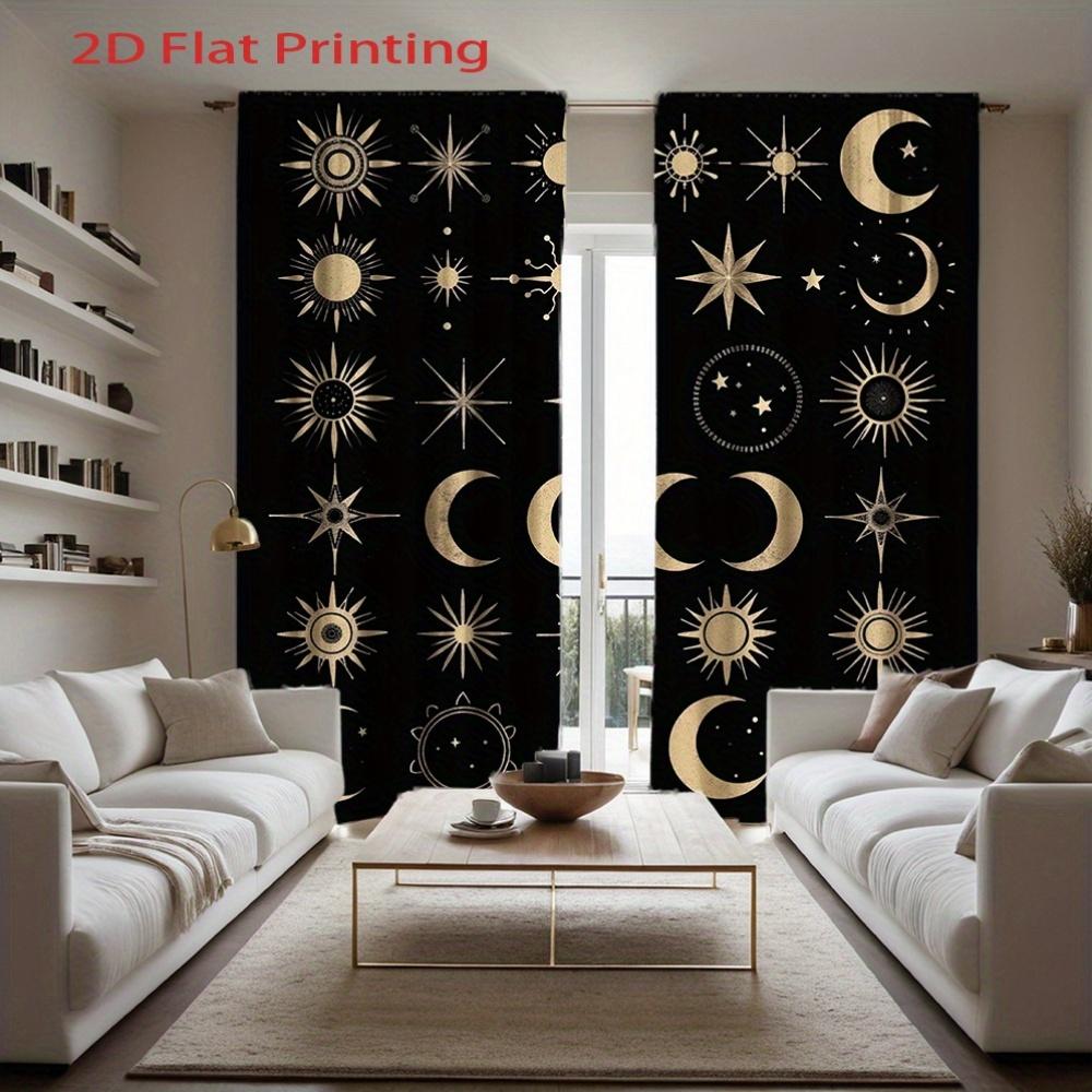 2pcs Celestial Curtains - Golden Sun   Moon   Stars & Planets Print On Black Background   Semi-Sheer Flannel Window Drapes with Rod