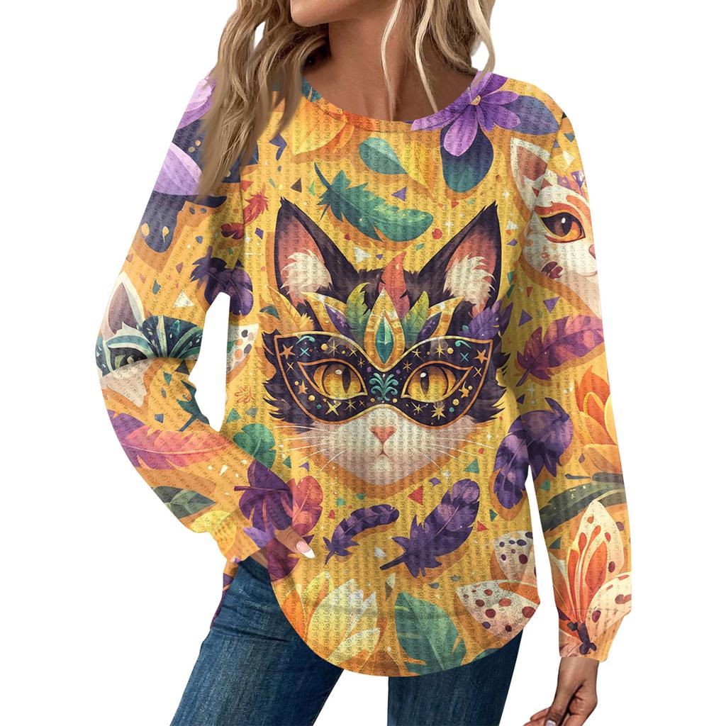 Women's Fashion Loose Long Sleeve Carnival Print Round Neck Casual Top