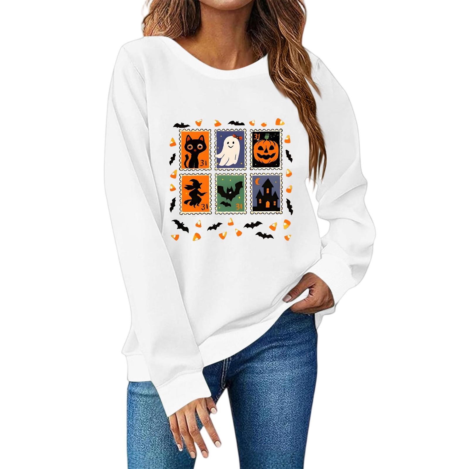 

Женская мода повседневный принт повседневный длинный рукав круглый вырез толстовка топ XL белый