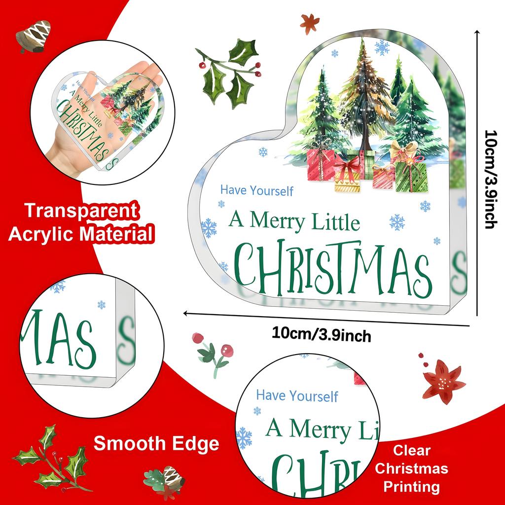 1pc Heart-Shaped Acrylic Christmas Tabletop Ornament with Festive Pine Trees & Gift Design - Multifunctional Holiday Decoration for Home