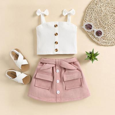 Toddler Baby Girl Outfit Bow Straps Ribbed Knit Tank Tops Belt A-line Mini Skirt Set 2pcs Summer Cute Clothes