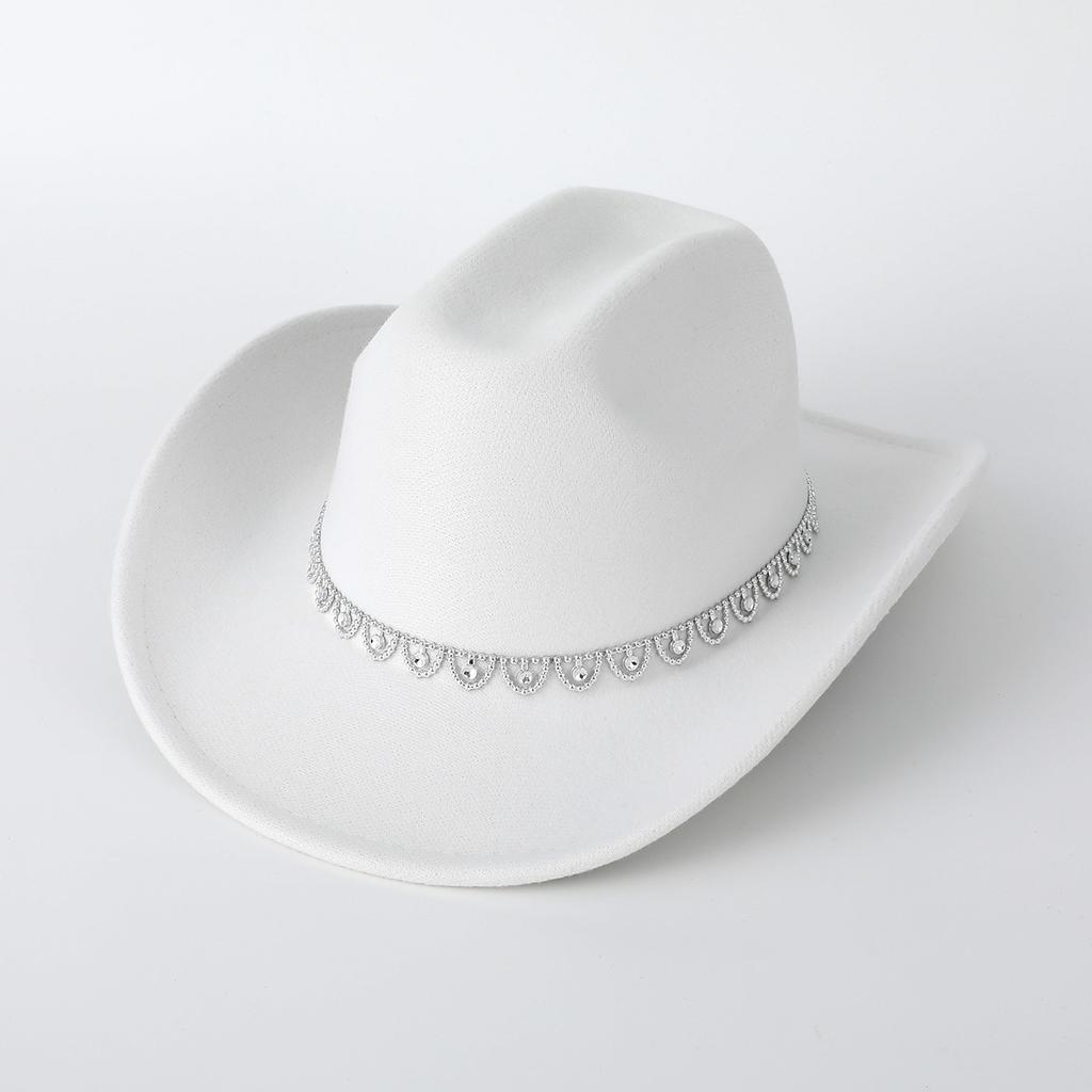 Women Cowgirl Hat with Rhinestones Decorative Band Classic Wide Brim Fedora Hat Western Caps Solid Color Sun Protection Hats