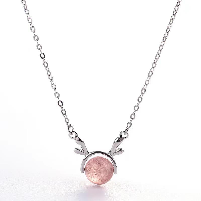 

Кулон-олень с клубничным кристаллом - стерлинговое серебро 925 пробы, простой стиль мори, идеально подходит для подарков на Рождество и Хэллоуин 925 Silver