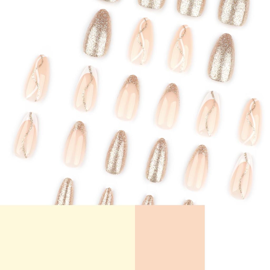 Gold Glitter Wave Line Press-On Nails, Medium-Short Almond Shape