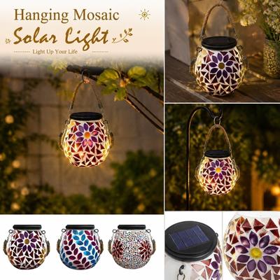 Hanging Mosaic Solar Light Oval Shape Outdoor Decorative Garden Lantern Solar Powered with Handle for Patio Yard Pathway