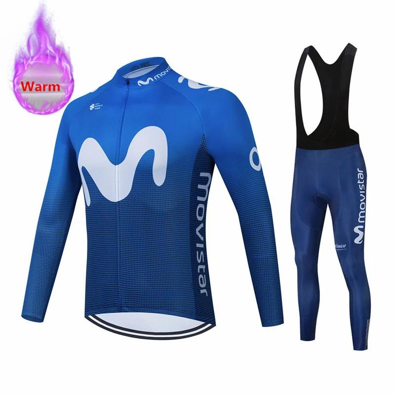 Movistar Racing Thermal Fleece Cycling Jersey Set Bicycle Bib Shorts Bike Clothing Ropa Maillot Ciclismo Hombre Bicicleta Kit