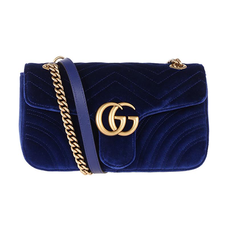 Gucci GG Marmont Marmont Gold Label Logo Quilted Velvet Chain Shoulder Crossbody Bag Small Women's Dark Blue Classic Recommendation