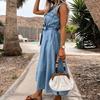 Turn-Down Collar Sleeveless Women Dress Belt Solid Color Single Breasted Denim Midi Dress Ladies Clothing