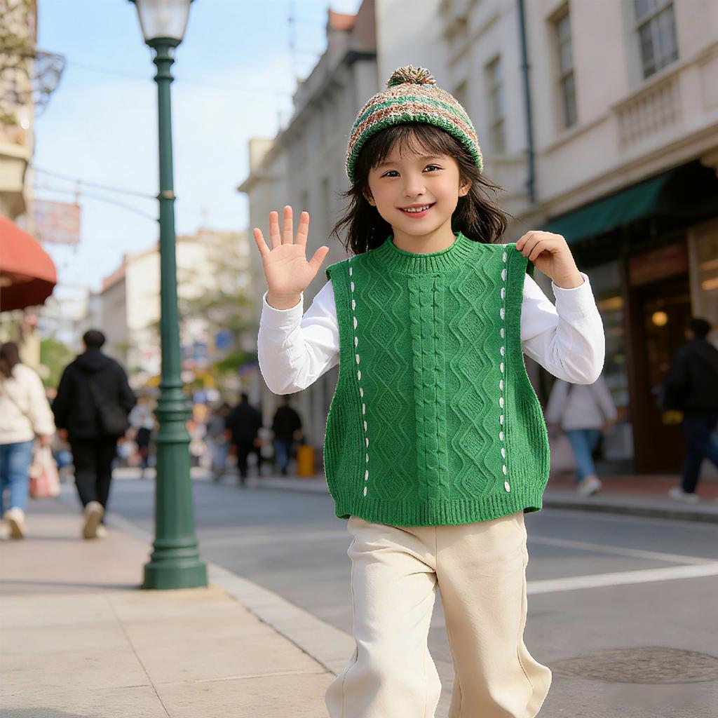 Girls' spring vest, western style knitwear, spring clothing, college style girls' vest, Fried Dough Twists knitting