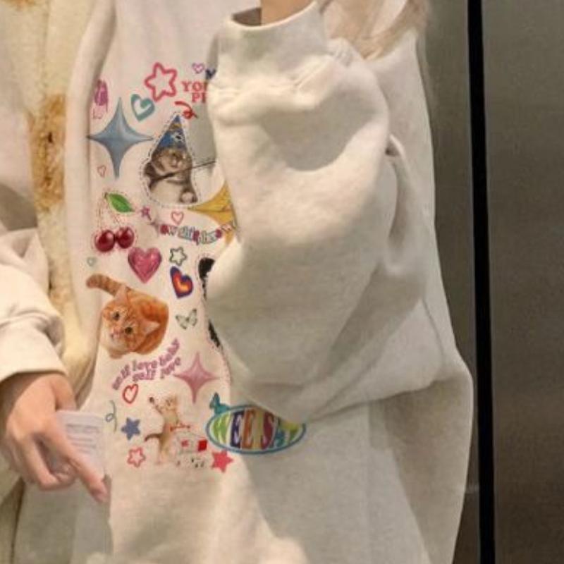 Ladies Cartoon Pattern Grey Hoodies College Style Loose Round Neck Female Hoodie Autumn Casual Women's Long Sleeved Tops