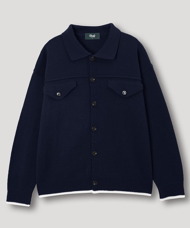 Nodu Collar Pocket Knit Jacket Cardigan [Navy]
