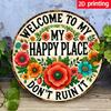 Iron Wall Sign Welcome To My Happy Place Floral Metal Decor Cafe Bedroom Home