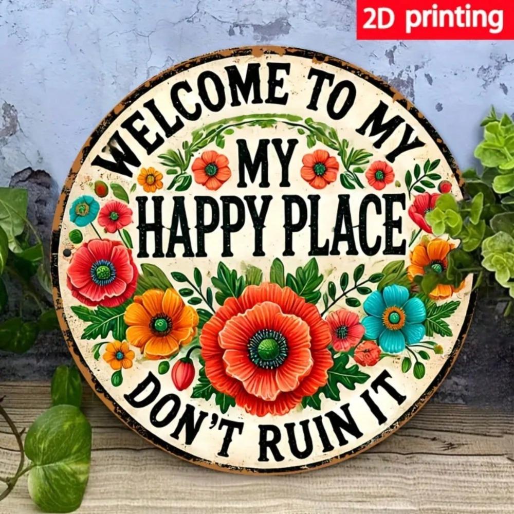 Iron Wall Sign Welcome To My Happy Place Floral Metal Decor Cafe Bedroom Home