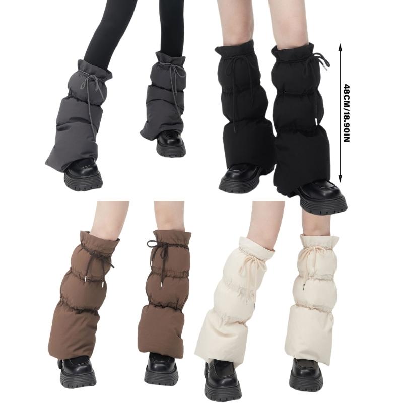 Women Winter Padded Puffer Leg Warmers for Outdoor Work and Sports Adjustable Drawstring Flared Boot Covers Long Socks